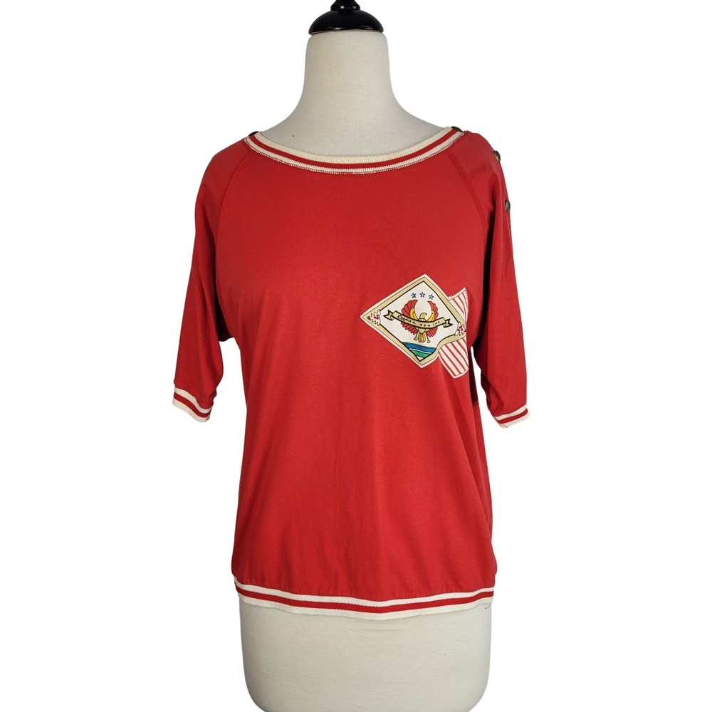 Vintage Candie's 90s Red Sporty Top S Button Sleeve Graphic Patch Retro USA